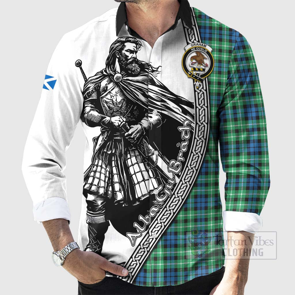 Tartan Vibes Clothing Graham Tartan Clan Crest Long Sleeve Button Shirt with Highlander Warrior Celtic Style