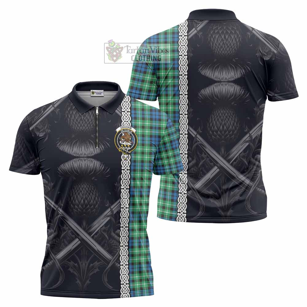 Tartan Vibes Clothing Graham Tartan Zipper Polo Shirt with Family Crest Cross Sword Thistle Celtic Vibes