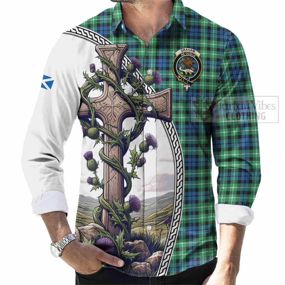 Tartan Vibes Clothing Graham Tartan Long Sleeve Button Shirt with Family Crest and St. Andrew's Cross Accented by Thistle Vines