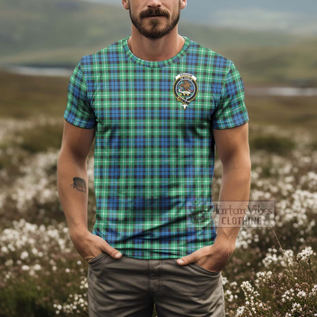 Tartan Vibes Clothing Graham Tartan T-Shirt with Family Crest and Bearded Skull Holding Bottles of Whiskey