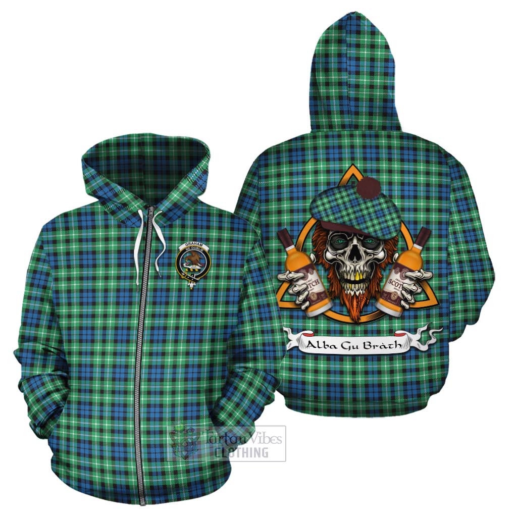 Tartan Vibes Clothing Graham Tartan Cotton Hoodie with Family Crest and Bearded Skull Holding Bottles of Whiskey