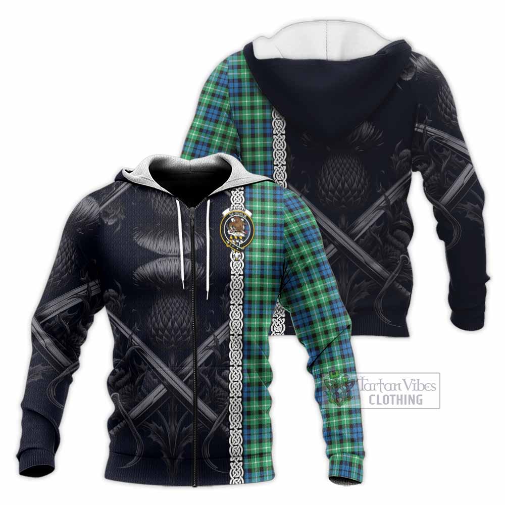 Graham Tartan Knitted Hoodie with Family Crest Cross Sword Thistle Celtic Vibes Unisex Knitted Zip Hoodie - Tartan Vibes Clothing