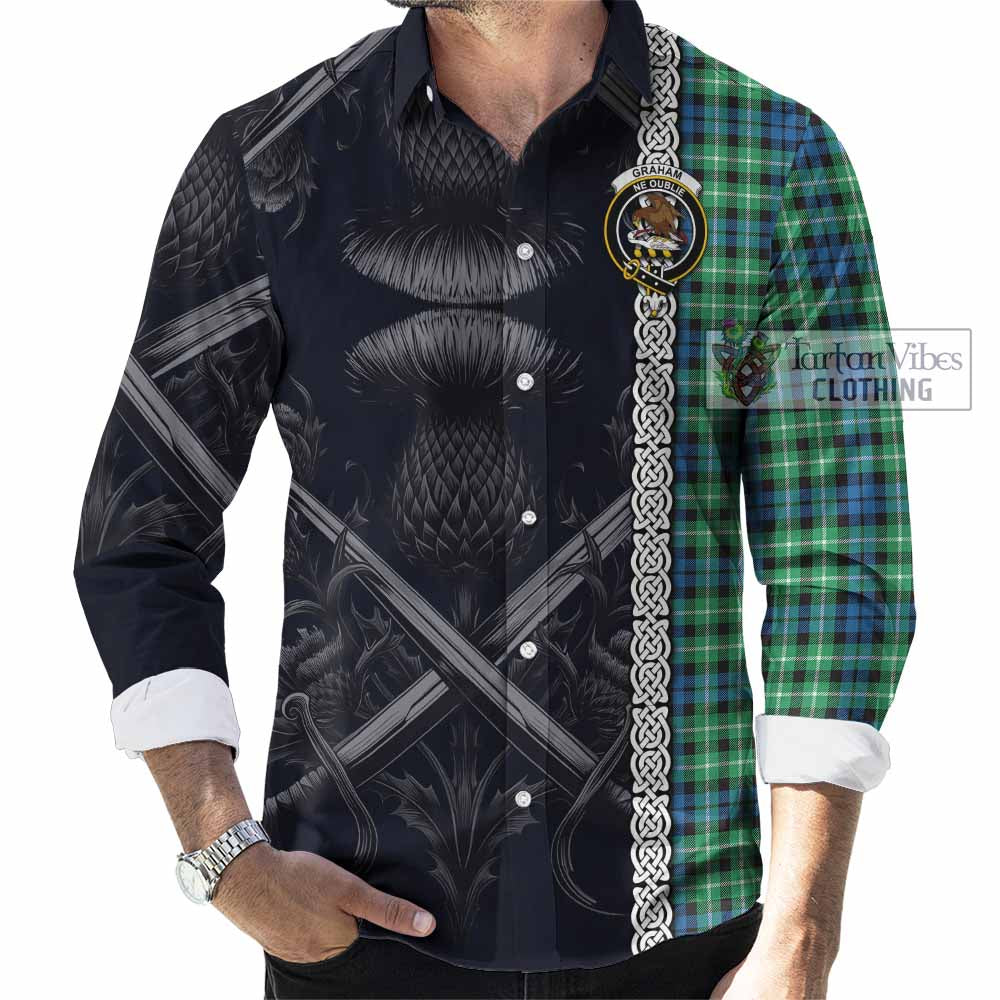 Tartan Vibes Clothing Graham Tartan Long Sleeve Button Shirt with Family Crest Cross Sword Thistle Celtic Vibes