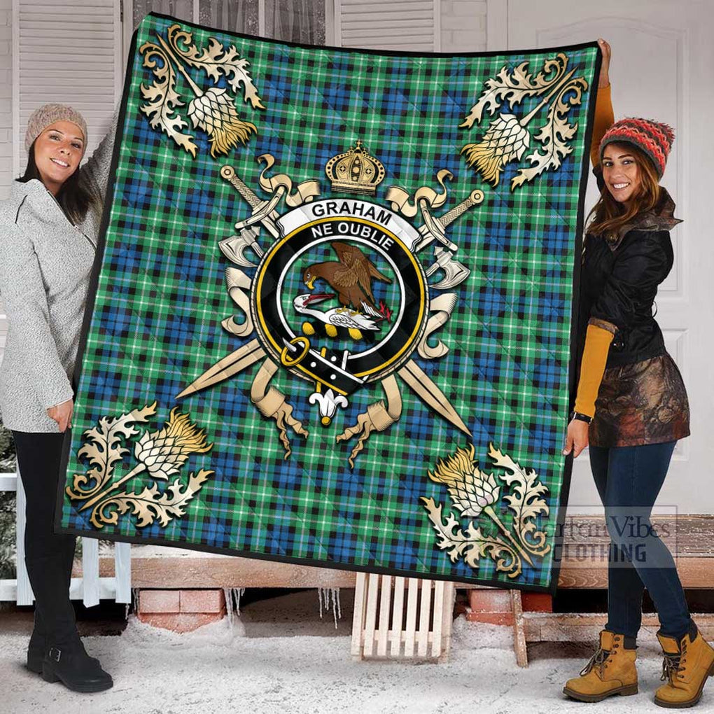 Tartan Vibes Clothing Graham Tartan Quilt with Family Crest and Scottish Golden Courage Shield