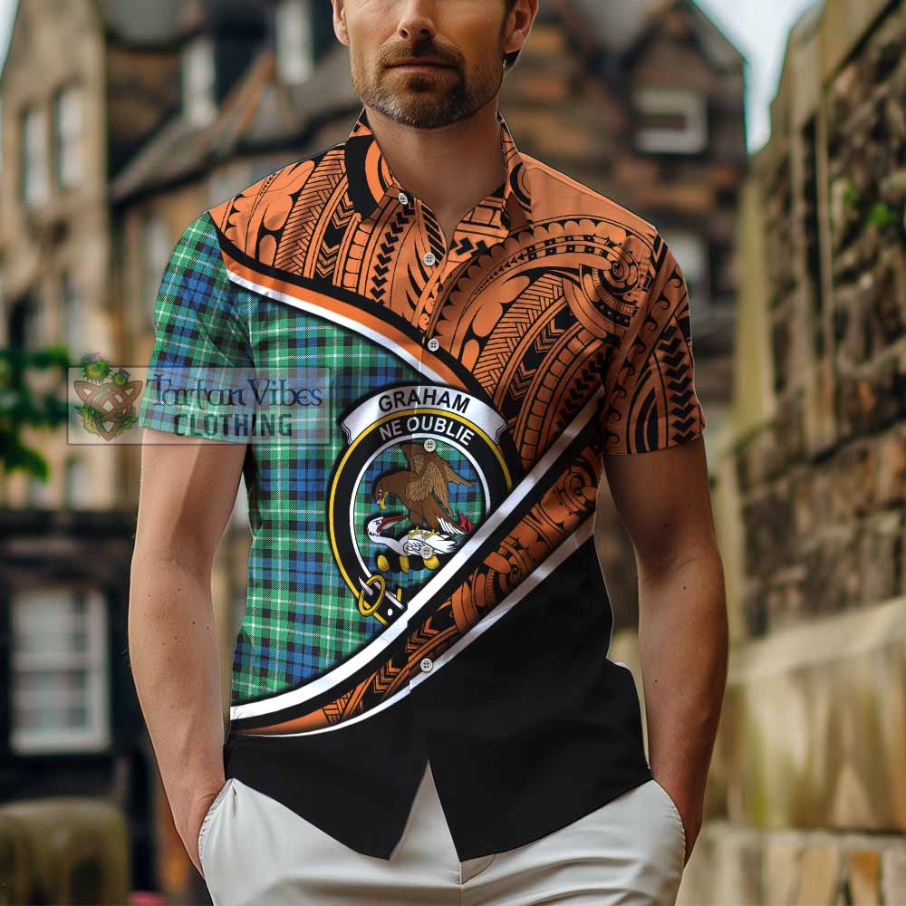 Tartan Vibes Clothing Graham Crest Tartan Short Sleeve Button Shirt with Maori Tattoo Style - Orange Version