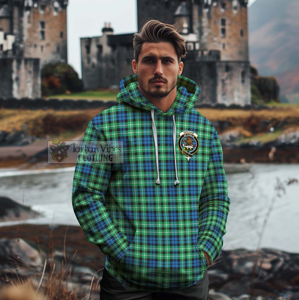 Tartan Vibes Clothing Graham Tartan Cotton Hoodie with Family Crest and Bearded Skull Holding Bottles of Whiskey