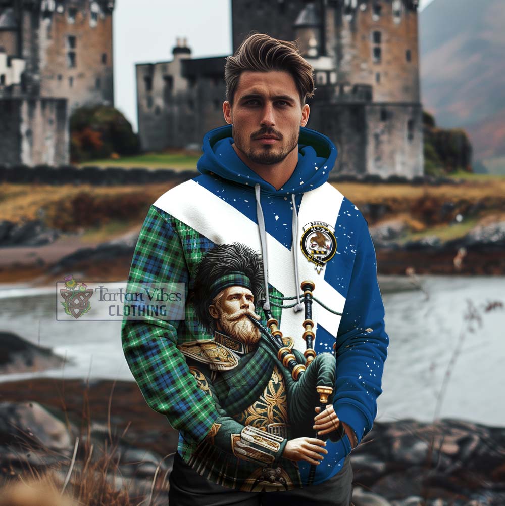 Tartan Vibes Clothing Graham Tartan Cotton Hoodie with Family Crest Scottish Bagpiper Vibes