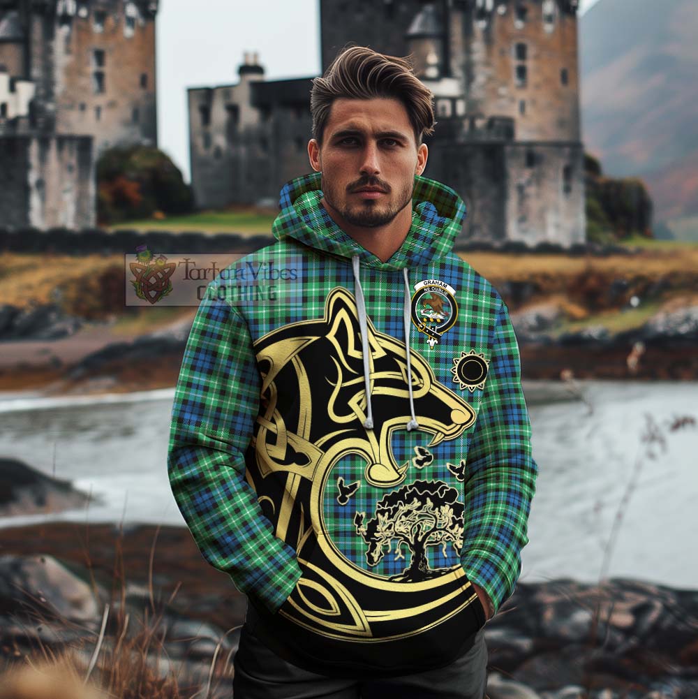 Tartan Vibes Clothing Graham Tartan Cotton Hoodie with Family Crest Celtic Wolf Style