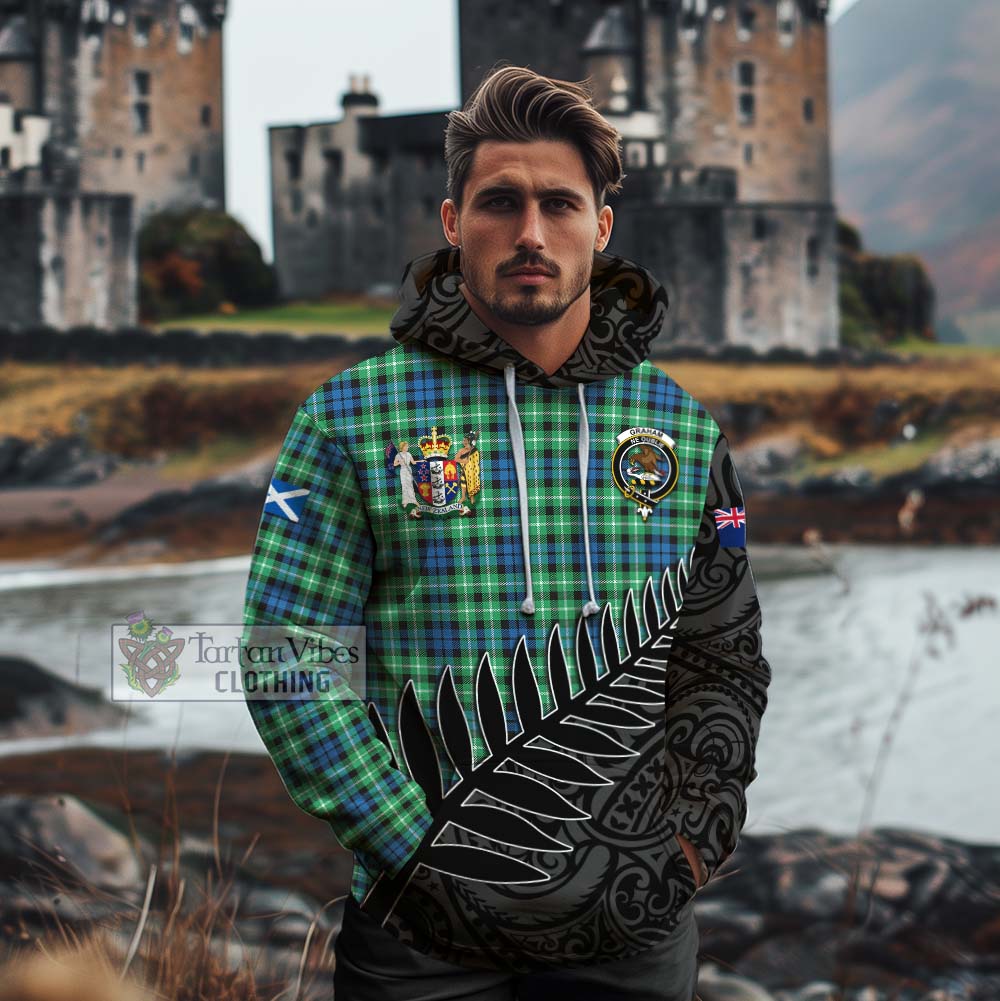 Tartan Vibes Clothing Graham Crest Tartan Cotton Hoodie with New Zealand Silver Fern Half Style