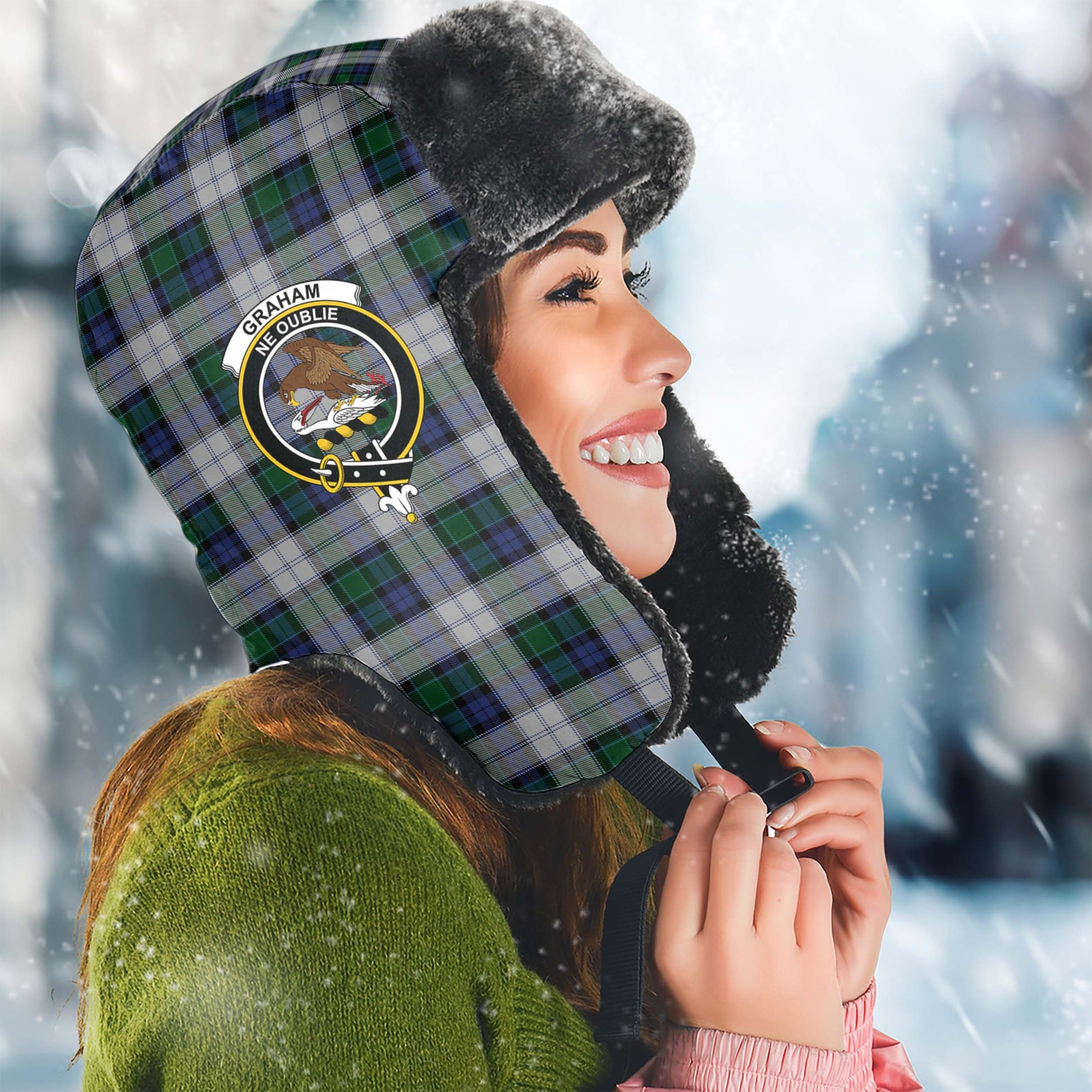 Graham Dress Tartan Winter Trapper Hat with Family Crest Winter Trapper Hat Universal Fit Circumference 22.8in (58cm) - Tartanvibesclothing