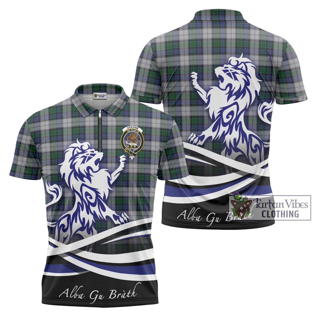 Graham Dress Tartan Zipper Polo Shirt with Alba Gu Brath Regal Lion Emblem Unisex - Tartanvibesclothing Shop