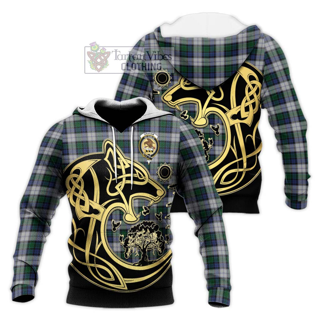 Graham Dress Tartan Knitted Hoodie with Family Crest Celtic Wolf Style Unisex Knitted Pullover Hoodie - Tartan Vibes Clothing