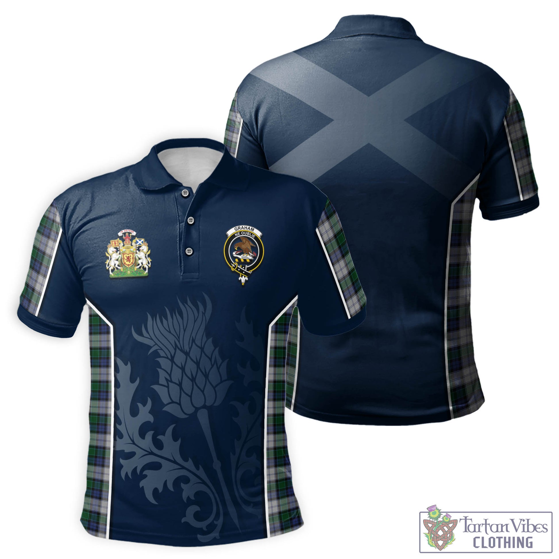 Tartan Vibes Clothing Graham Dress Tartan Men's Polo Shirt with Family Crest and Scottish Thistle Vibes Sport Style