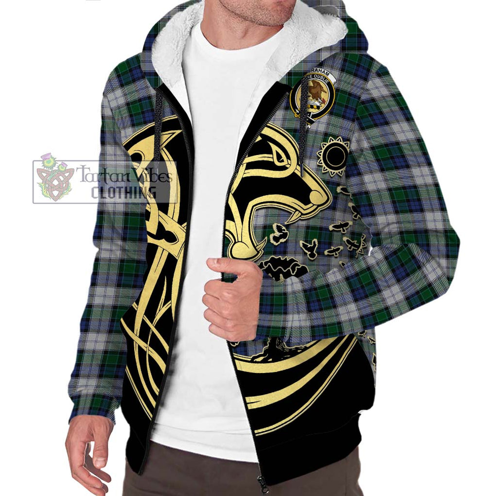 Graham Dress Tartan Sherpa Hoodie with Family Crest Celtic Wolf Style Unisex S - Tartan Vibes Clothing