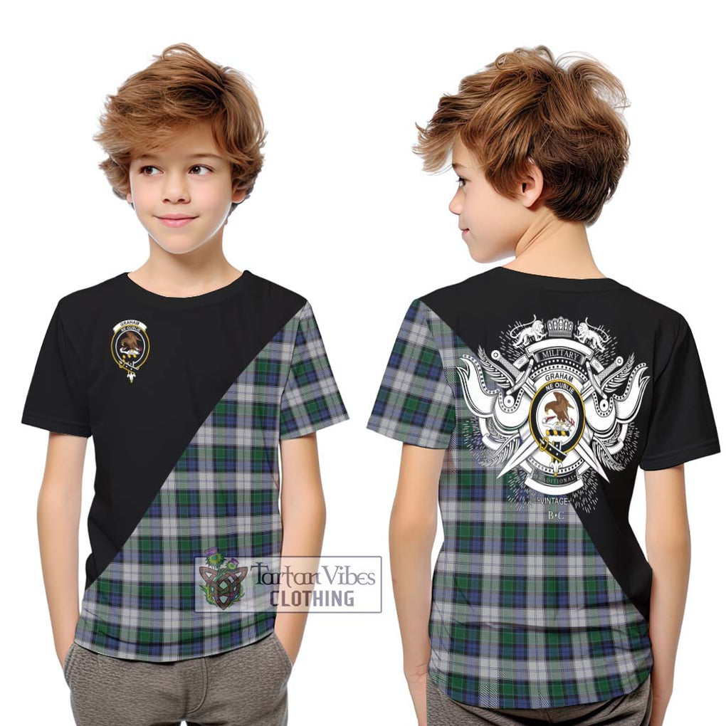 Graham Dress Tartan Kid T-Shirt with Family Crest and Military Logo Style Youth XL Size14 - Tartanvibesclothing Shop