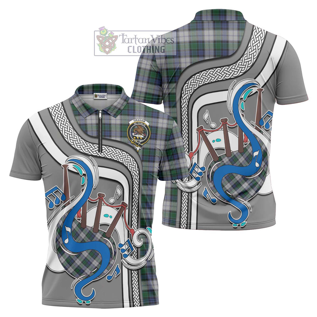 Graham Dress Tartan Zipper Polo Shirt with Epic Bagpipe Style Unisex - Tartanvibesclothing Shop