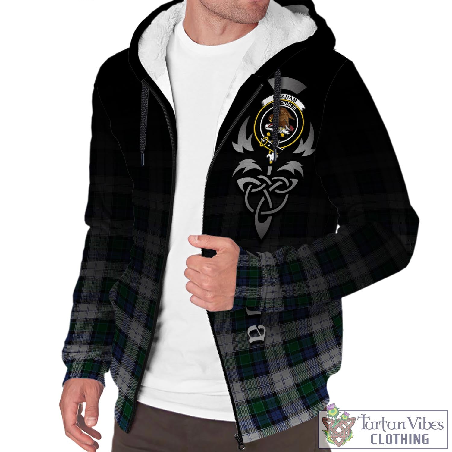 Tartan Vibes Clothing Graham Dress Tartan Sherpa Hoodie Featuring Alba Gu Brath Family Crest Celtic Inspired