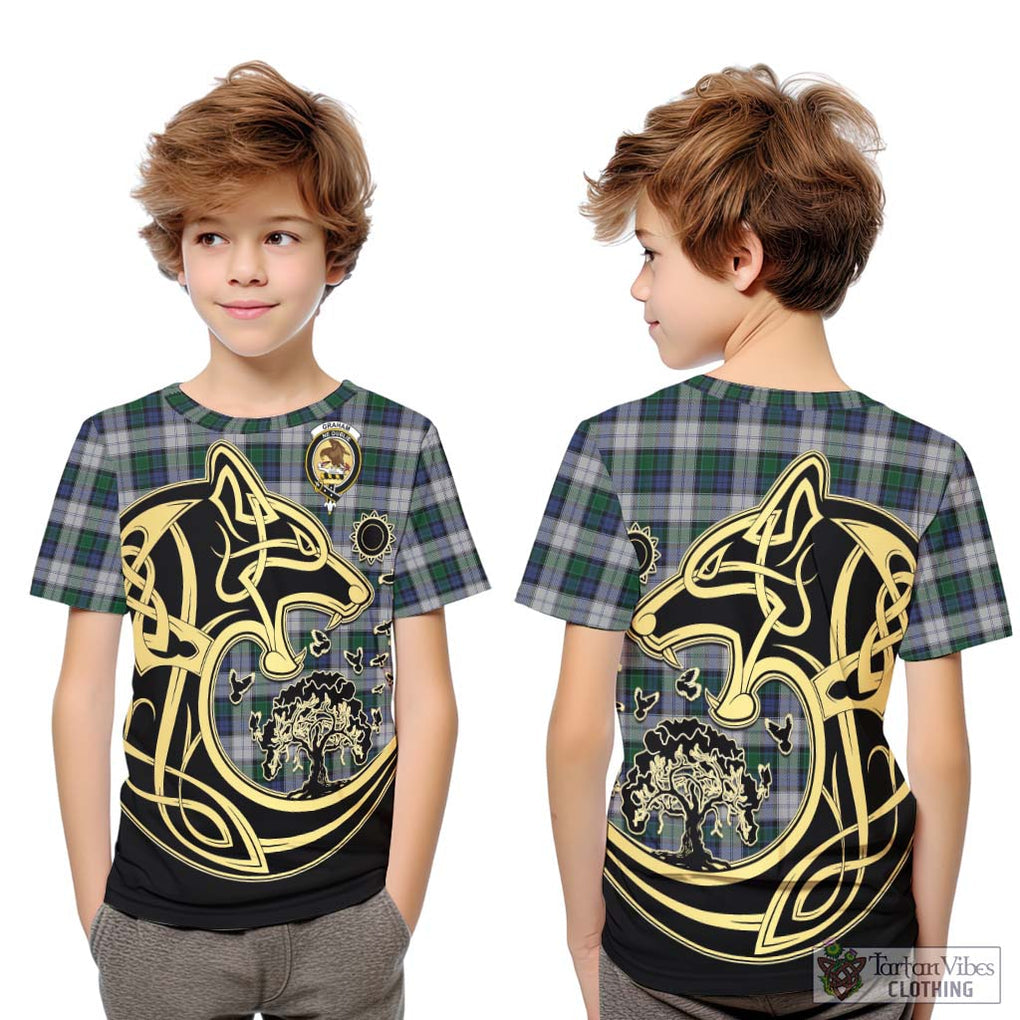 Graham Dress Tartan Kid T-Shirt with Family Crest Celtic Wolf Style Youth XL Size14 - Tartan Vibes Clothing