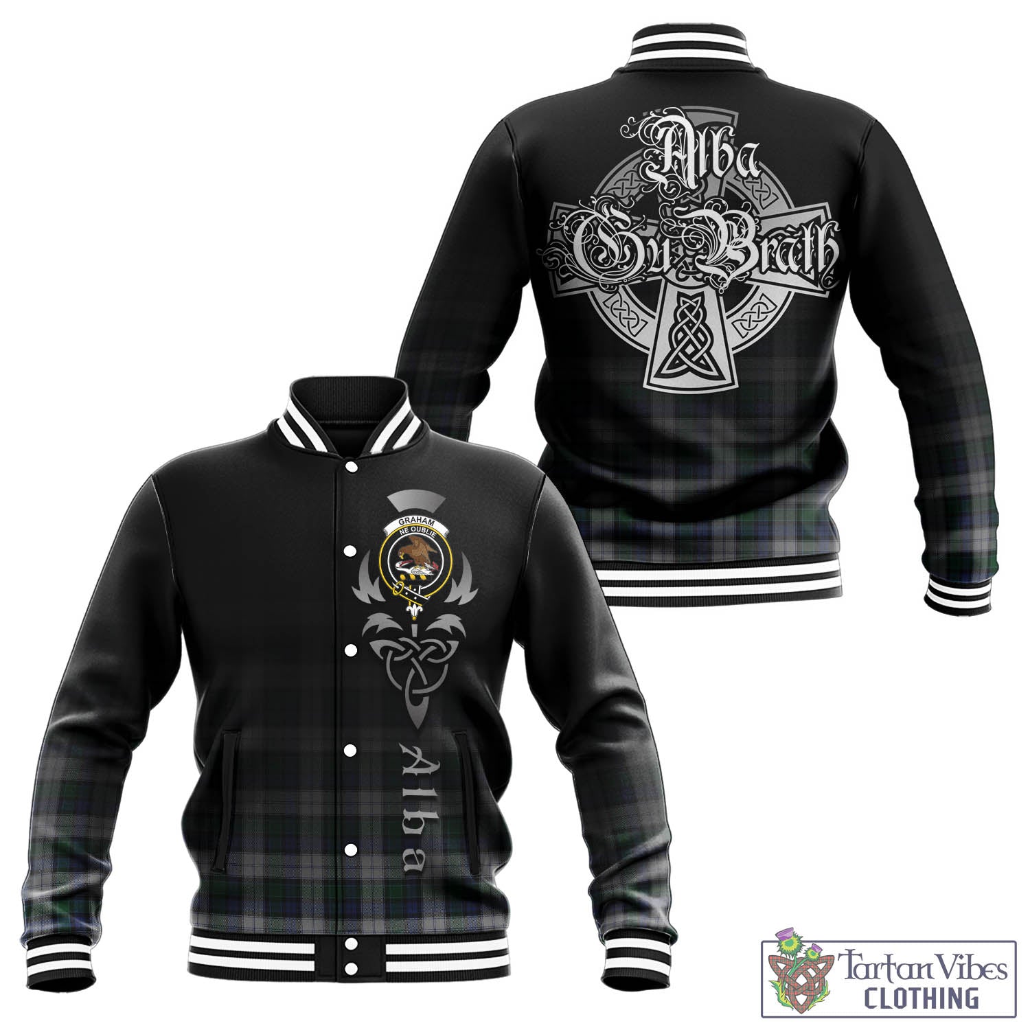 Tartan Vibes Clothing Graham Dress Tartan Baseball Jacket Featuring Alba Gu Brath Family Crest Celtic Inspired