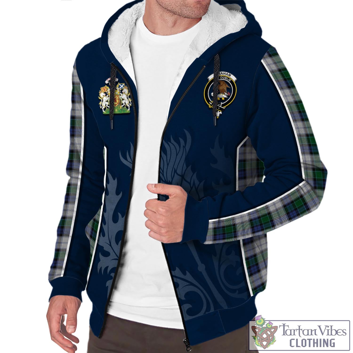 Tartan Vibes Clothing Graham Dress Tartan Sherpa Hoodie with Family Crest and Scottish Thistle Vibes Sport Style