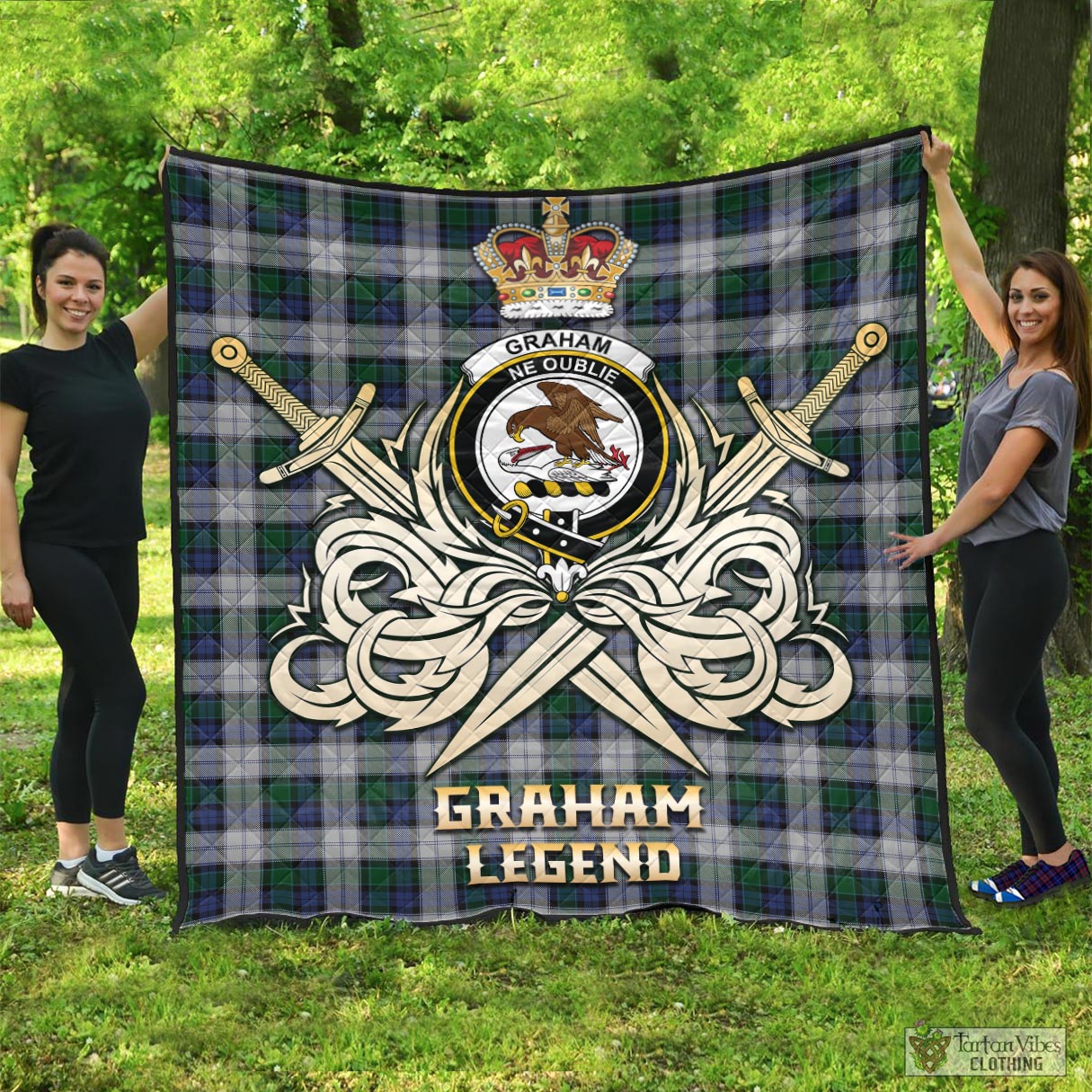 Tartan Vibes Clothing Graham Dress Tartan Quilt with Clan Crest and the Golden Sword of Courageous Legacy