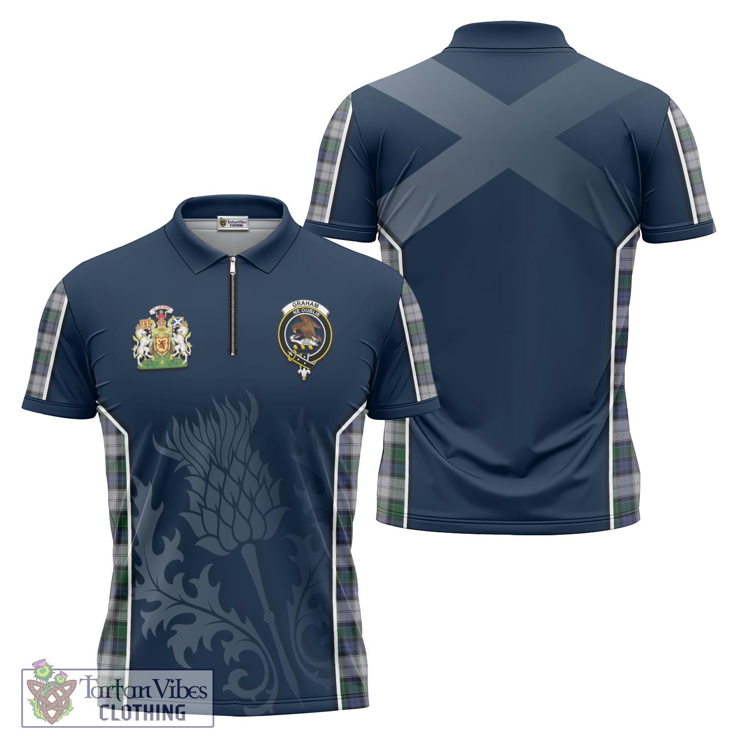 Tartan Vibes Clothing Graham Dress Tartan Zipper Polo Shirt with Family Crest and Scottish Thistle Vibes Sport Style