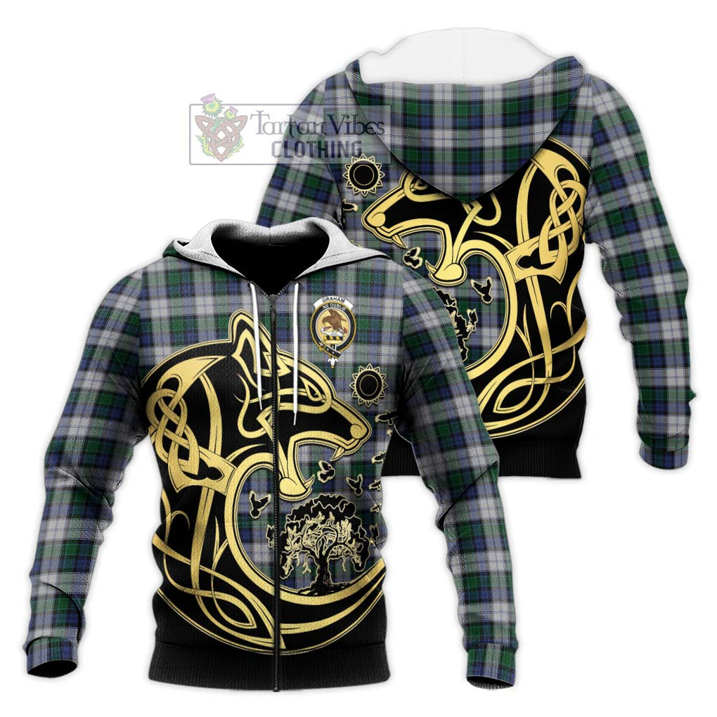 Graham Dress Tartan Knitted Hoodie with Family Crest Celtic Wolf Style Unisex Knitted Zip Hoodie - Tartan Vibes Clothing