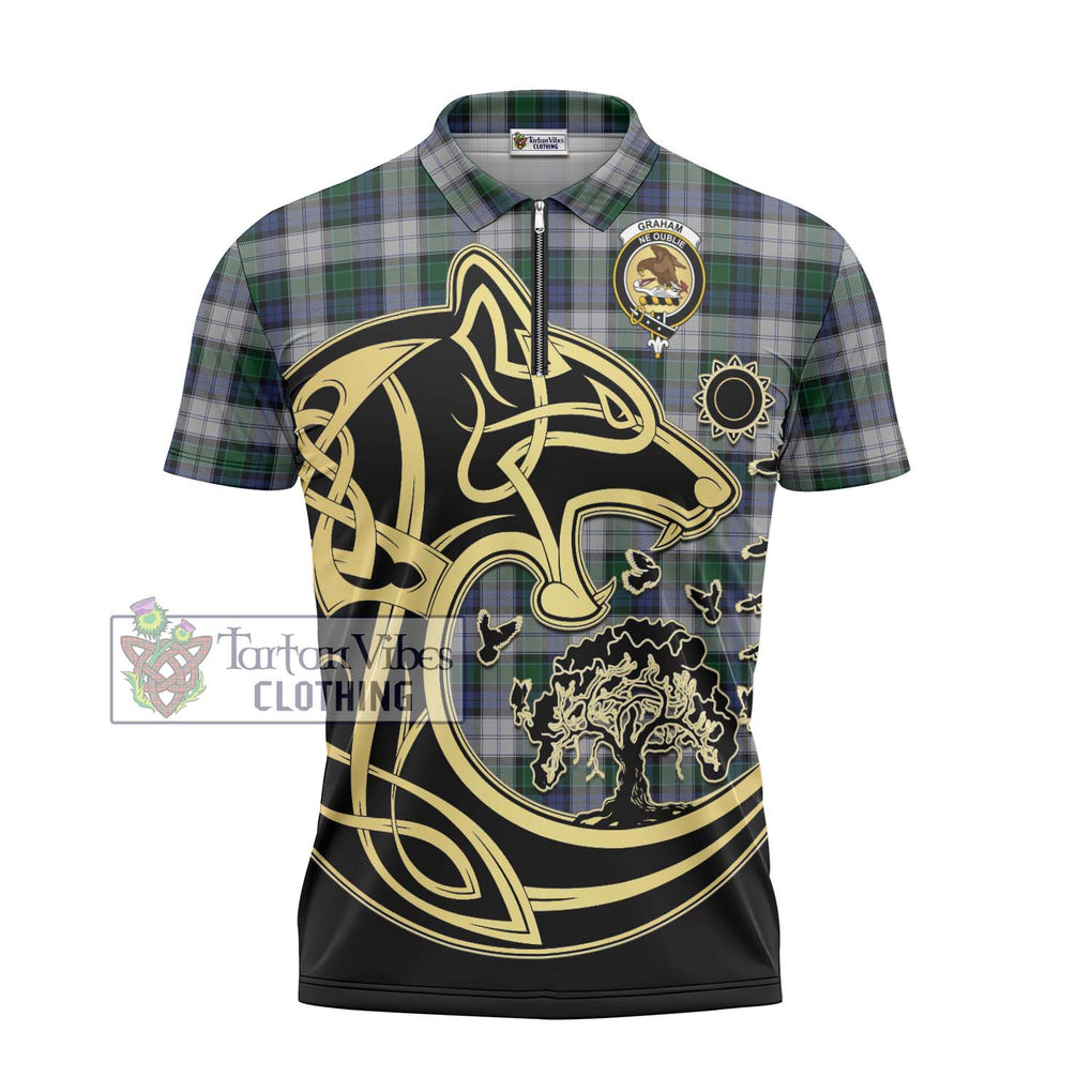 Graham Dress Tartan Zipper Polo Shirt with Family Crest Celtic Wolf Style - Tartanvibesclothing Shop