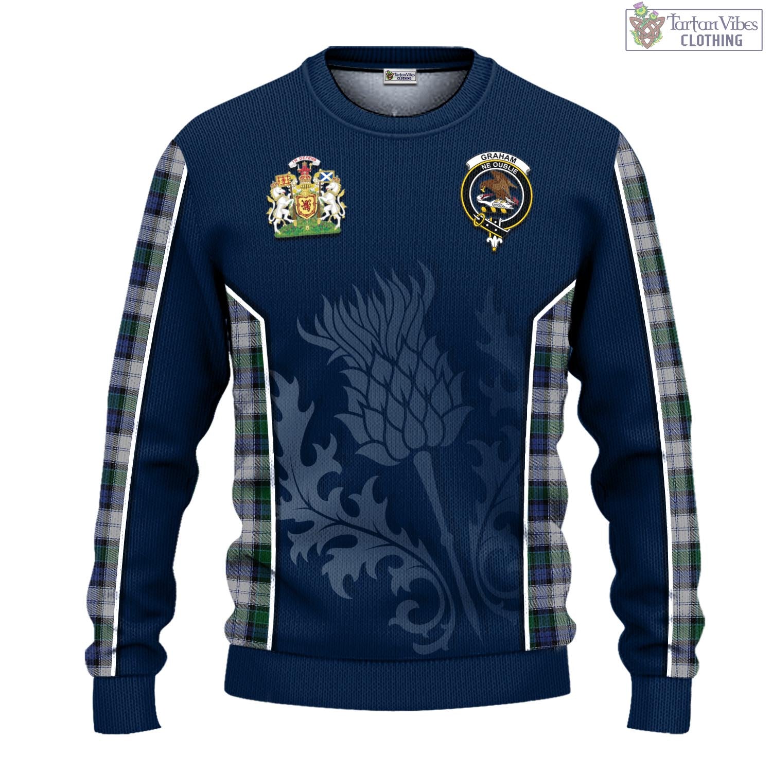 Tartan Vibes Clothing Graham Dress Tartan Knitted Sweatshirt with Family Crest and Scottish Thistle Vibes Sport Style