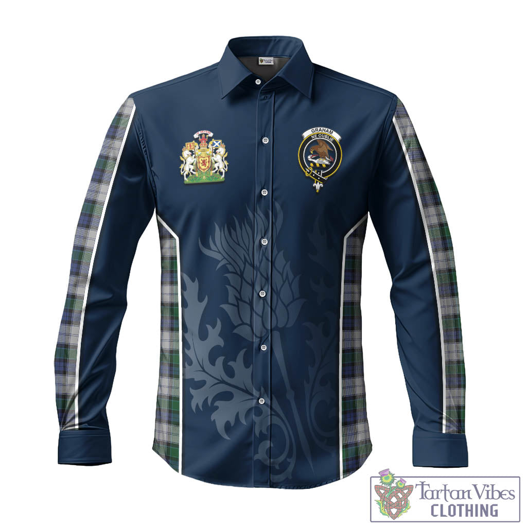 Tartan Vibes Clothing Graham Dress Tartan Long Sleeve Button Up Shirt with Family Crest and Scottish Thistle Vibes Sport Style