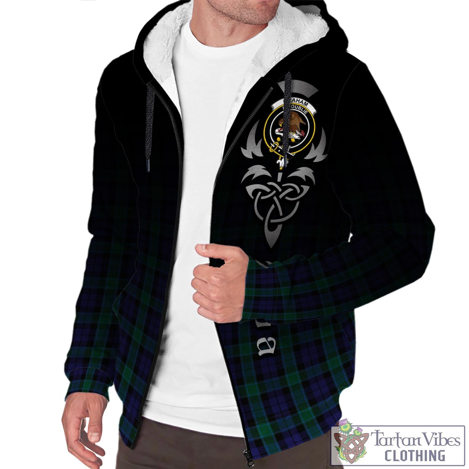 Tartan Vibes Clothing Graham of Menteith Tartan Sherpa Hoodie Featuring Alba Gu Brath Family Crest Celtic Inspired