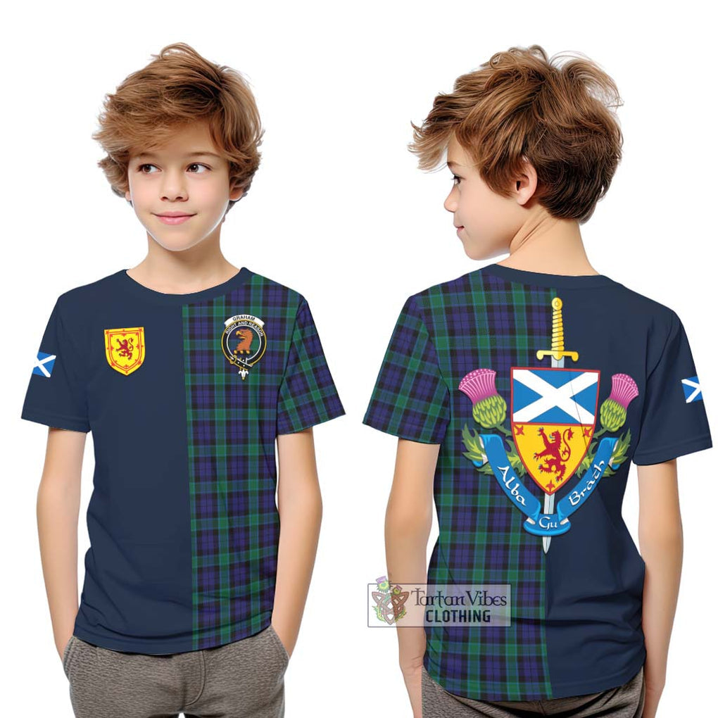 Tartan Vibes Clothing Graham of Menteith Tartan Kid T-Shirt with Scottish Lion Royal Arm Half Style