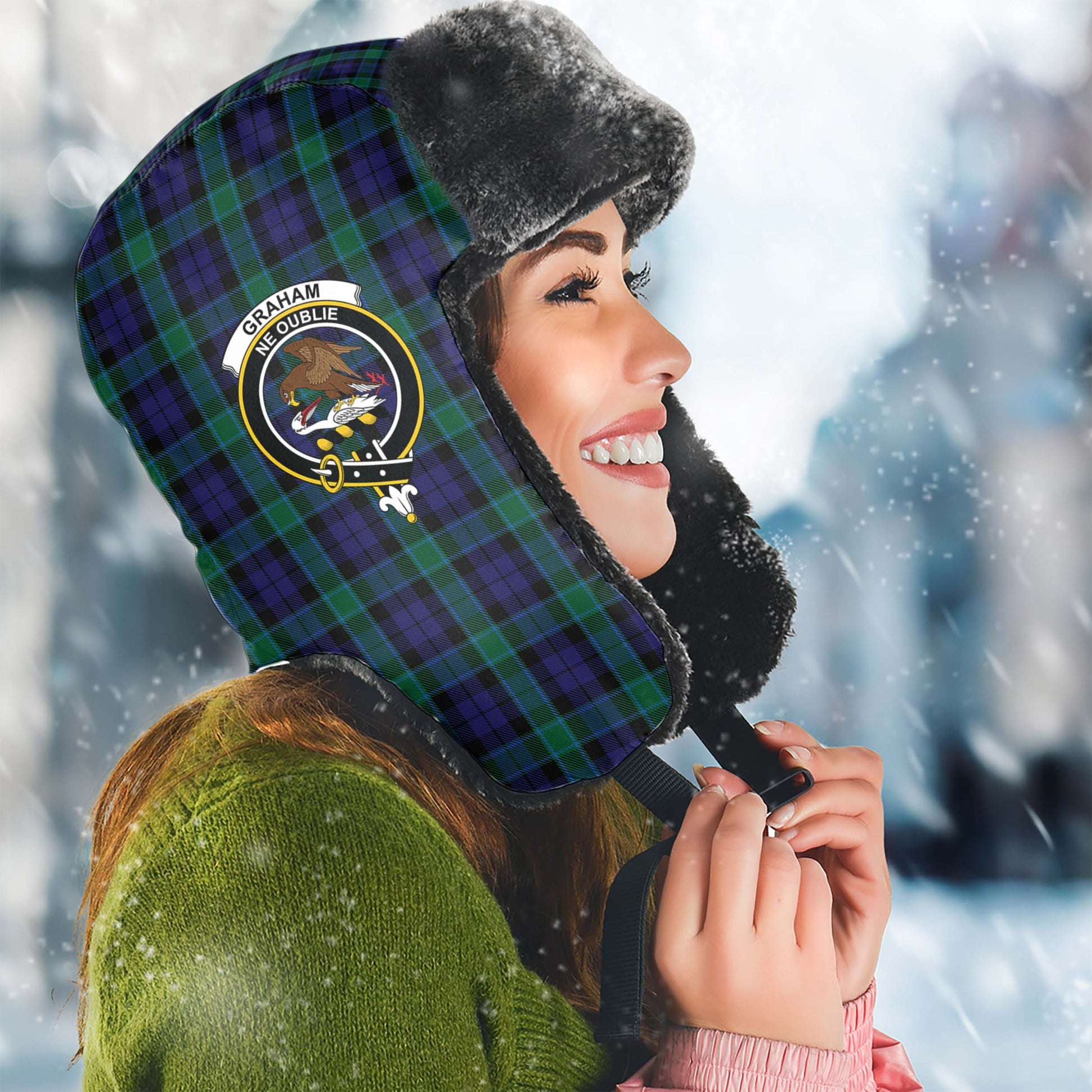 Graham of Menteith Tartan Winter Trapper Hat with Family Crest Winter Trapper Hat Universal Fit Circumference 22.8in (58cm) - Tartanvibesclothing