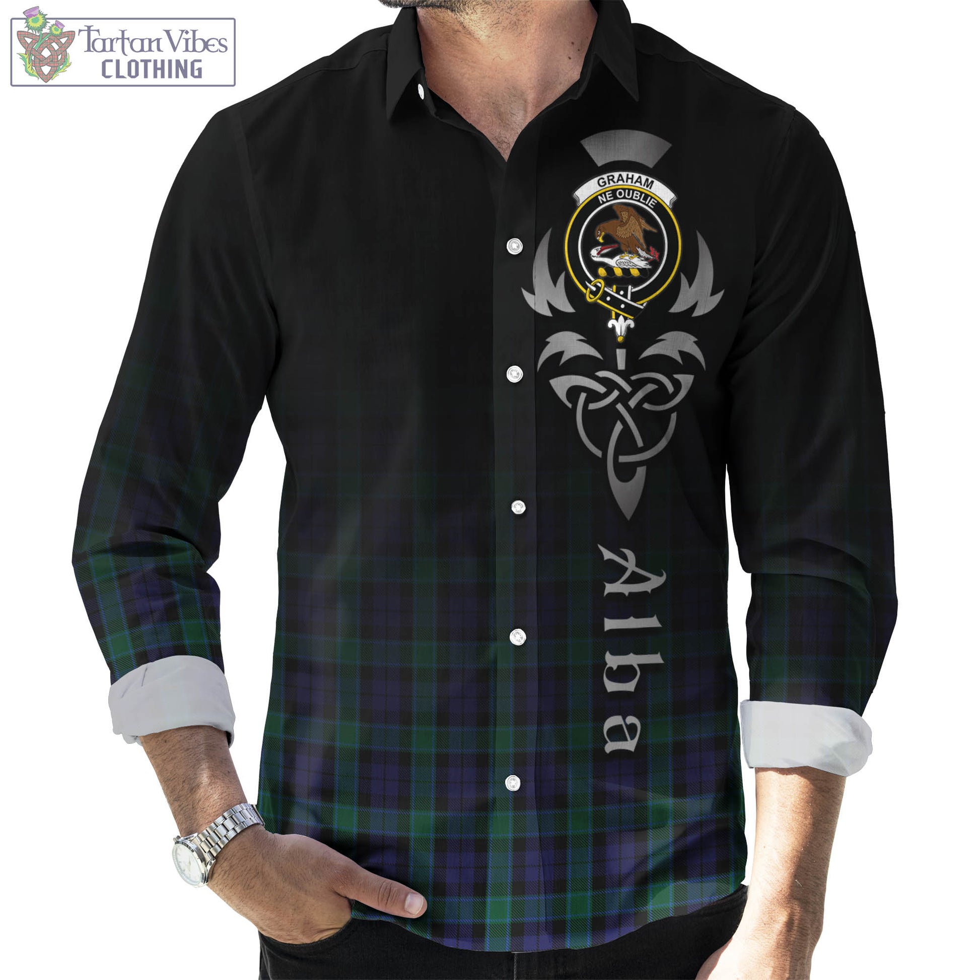 Tartan Vibes Clothing Graham of Menteith Tartan Long Sleeve Button Up Featuring Alba Gu Brath Family Crest Celtic Inspired