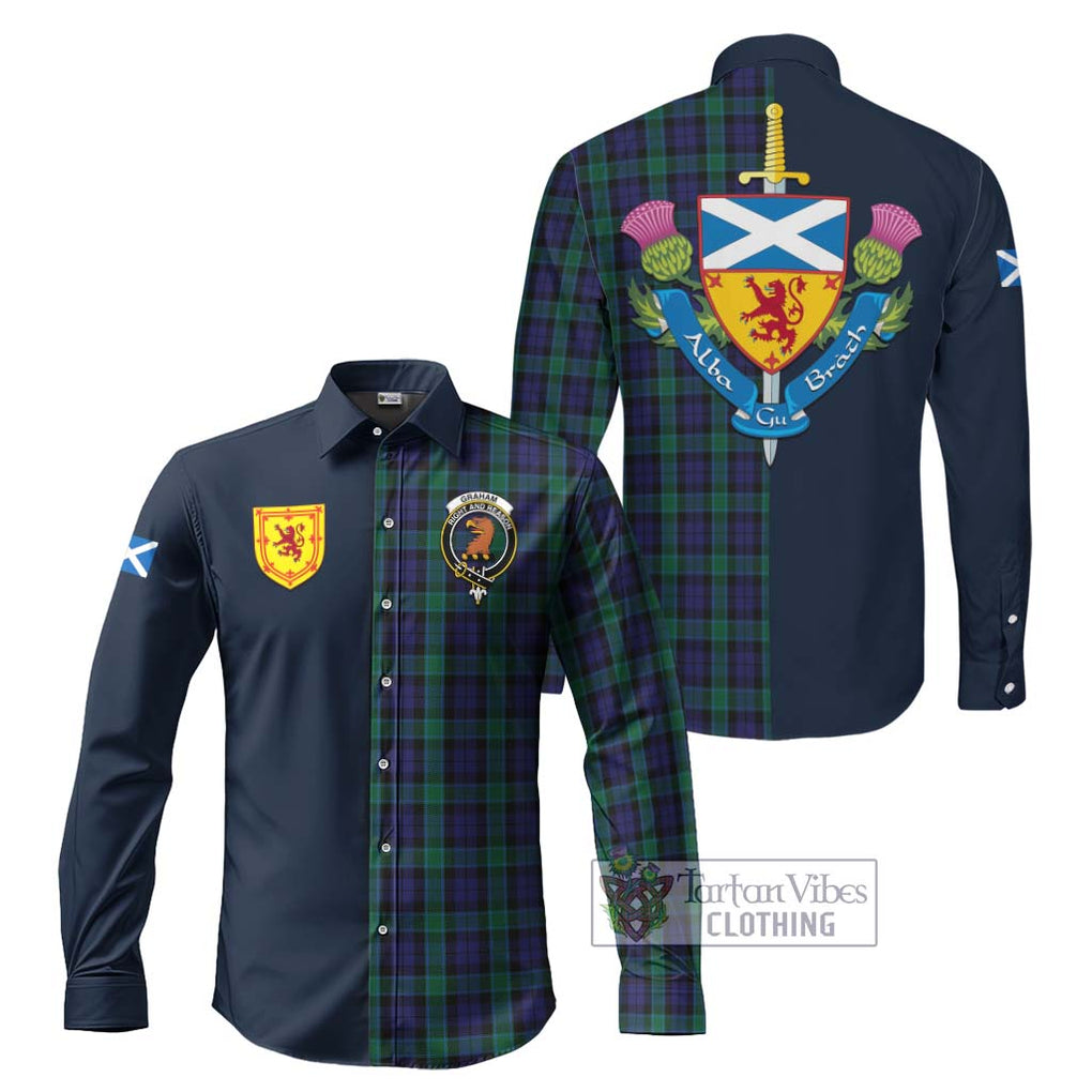 Tartan Vibes Clothing Graham of Menteith Tartan Long Sleeve Button Shirt with Scottish Lion Royal Arm Half Style