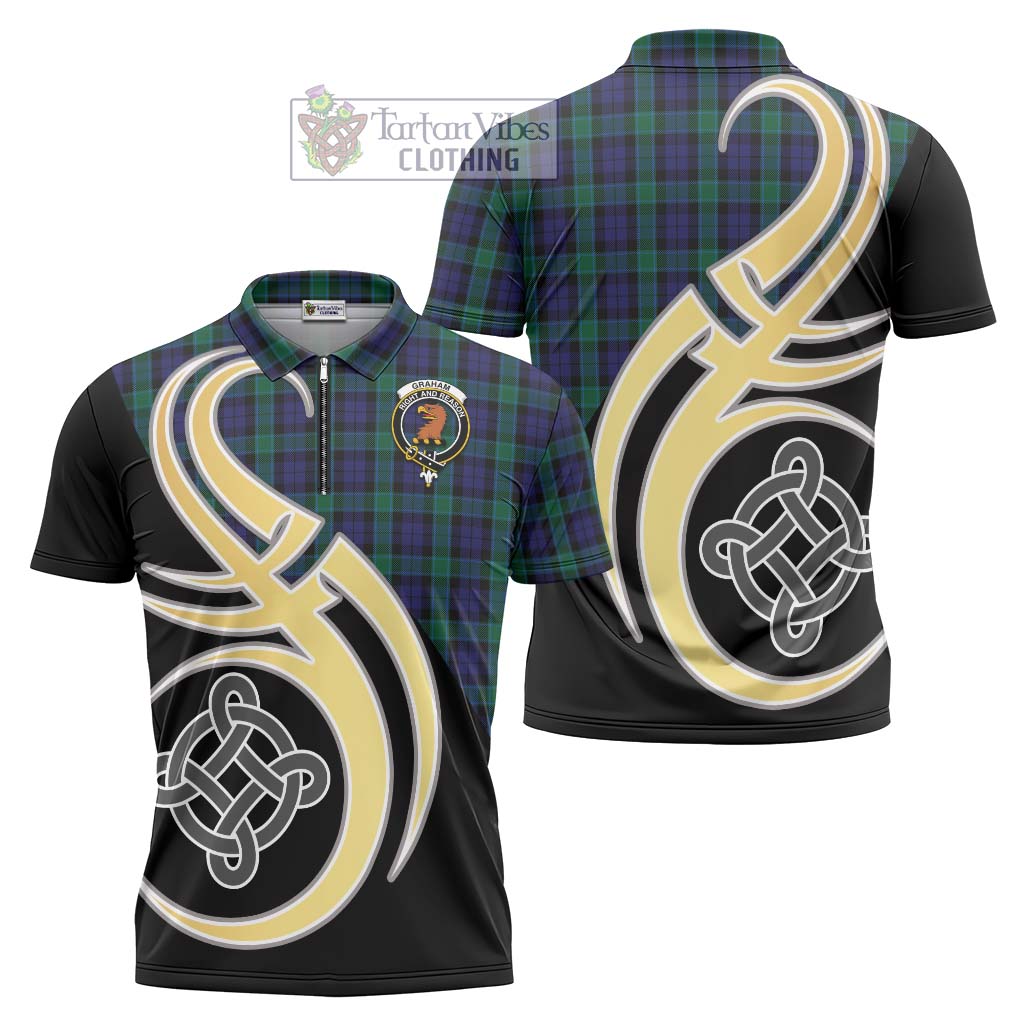 Tartan Vibes Clothing Graham of Menteith Tartan Zipper Polo Shirt with Family Crest and Celtic Symbol Style