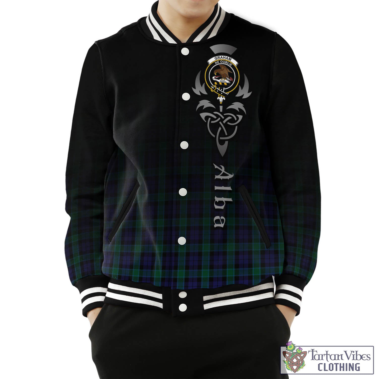 Tartan Vibes Clothing Graham of Menteith Tartan Baseball Jacket Featuring Alba Gu Brath Family Crest Celtic Inspired