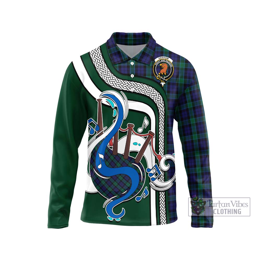 Tartan Vibes Clothing Graham of Menteith Tartan Long Sleeve Polo Shirt with Epic Bagpipe Style