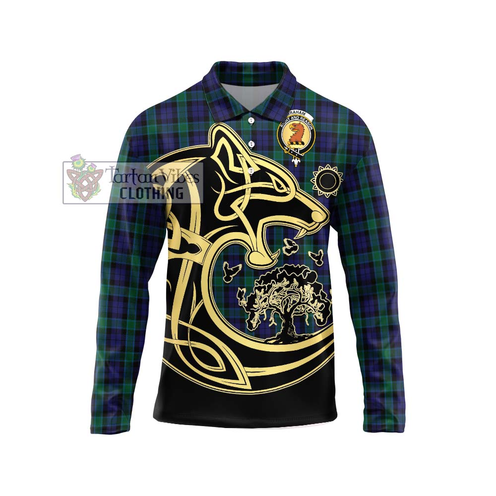 Graham of Menteith Tartan Long Sleeve Polo Shirt with Family Crest Celtic Wolf Style Unisex - Tartanvibesclothing Shop