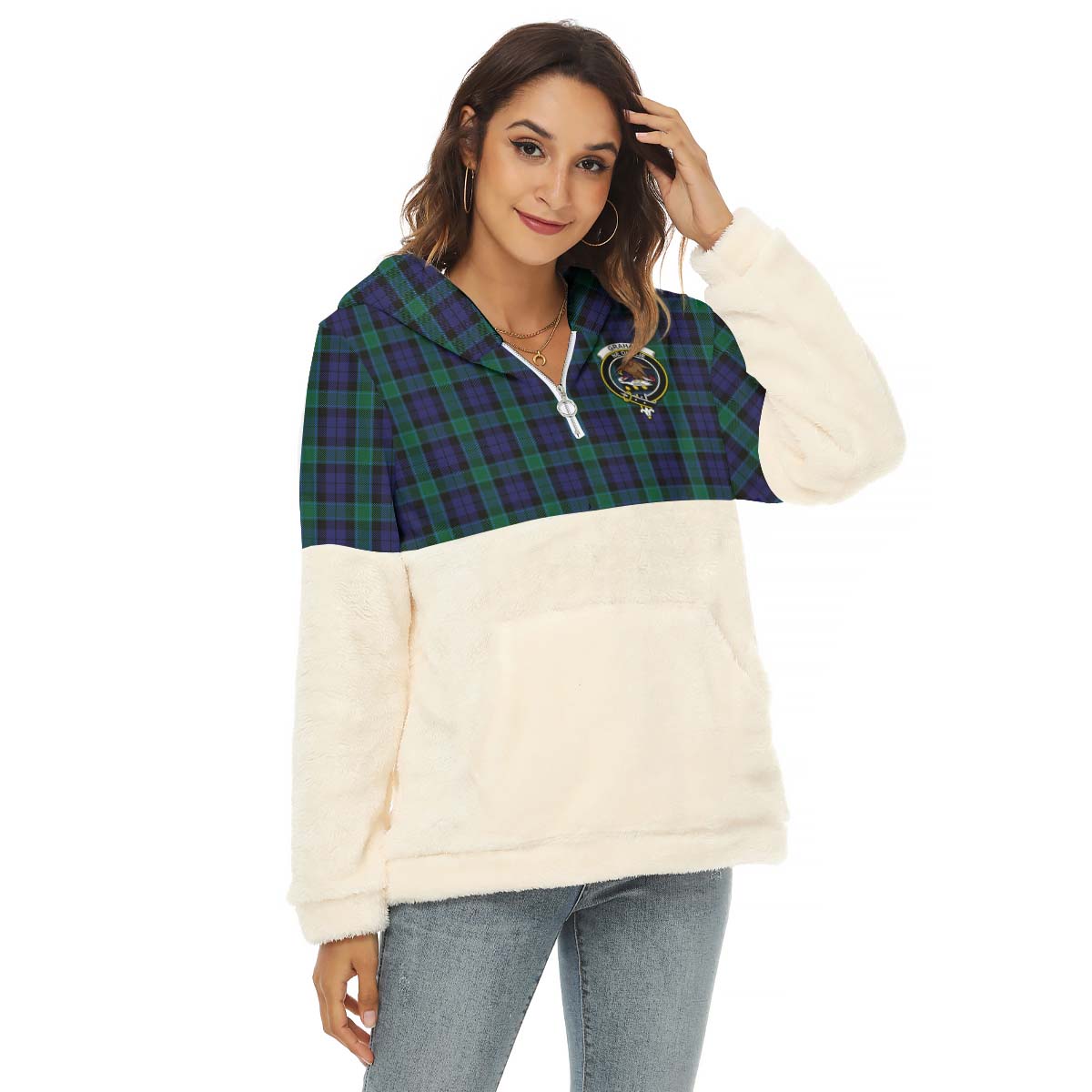 Graham of Menteith Tartan Women's Borg Fleece Hoodie With Half Zip with Family Crest Female - Tartan Vibes Clothing