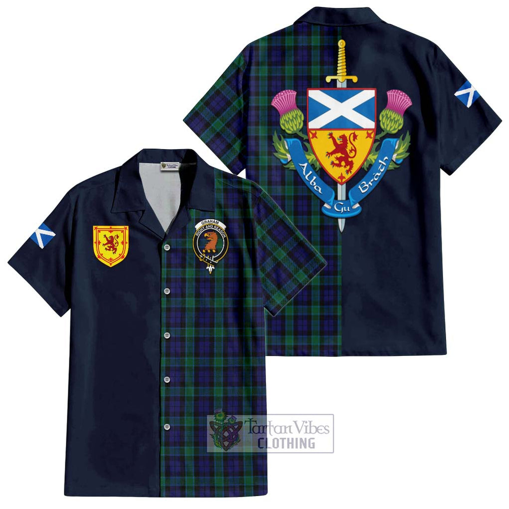 Tartan Vibes Clothing Graham of Menteith Tartan Short Sleeve Button Shirt with Scottish Lion Royal Arm Half Style