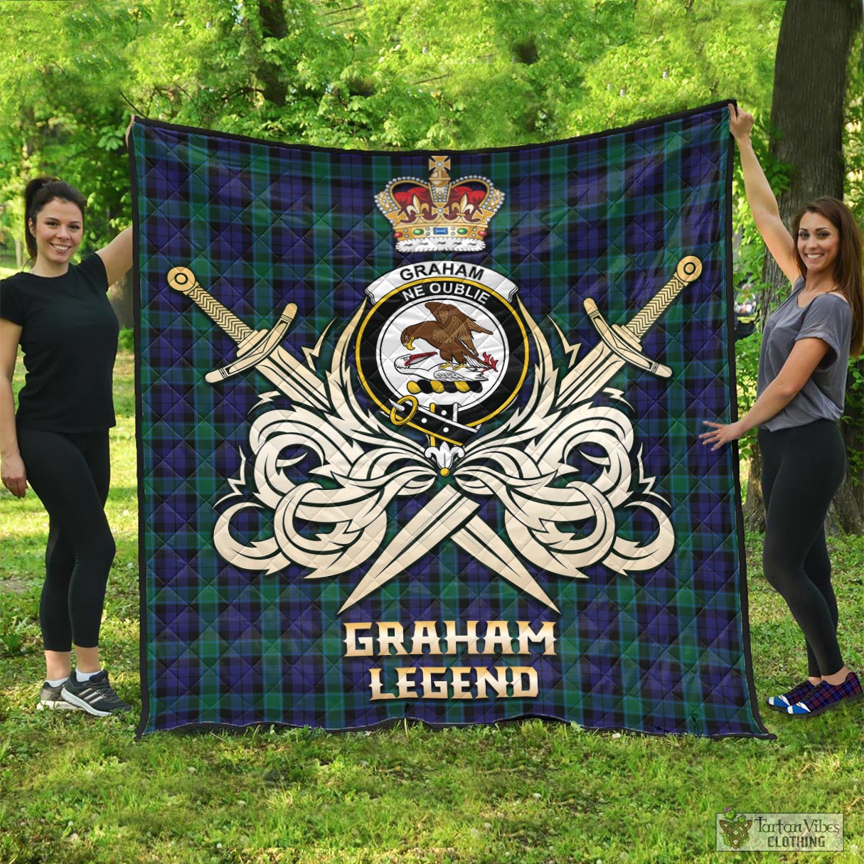 Tartan Vibes Clothing Graham of Menteith Tartan Quilt with Clan Crest and the Golden Sword of Courageous Legacy