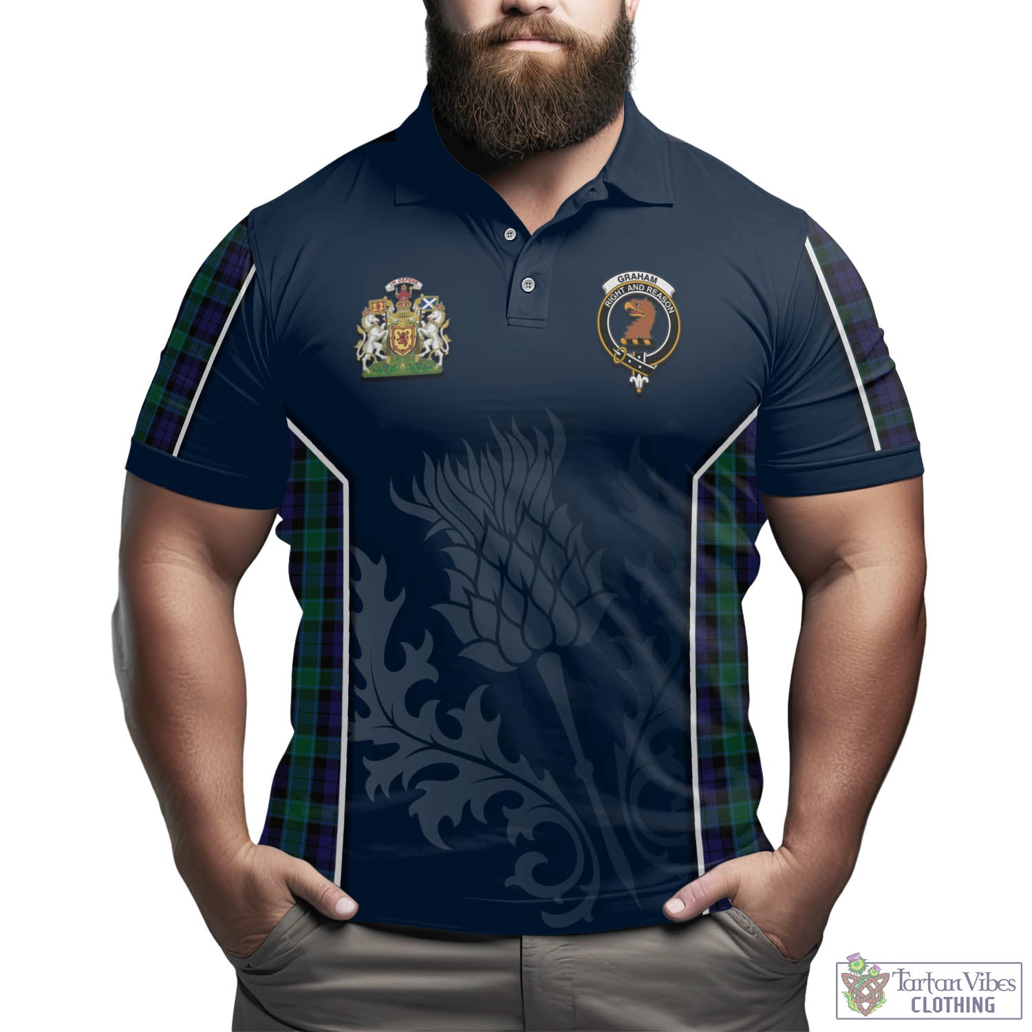 Tartan Vibes Clothing Graham of Menteith Tartan Men's Polo Shirt with Family Crest and Scottish Thistle Vibes Sport Style