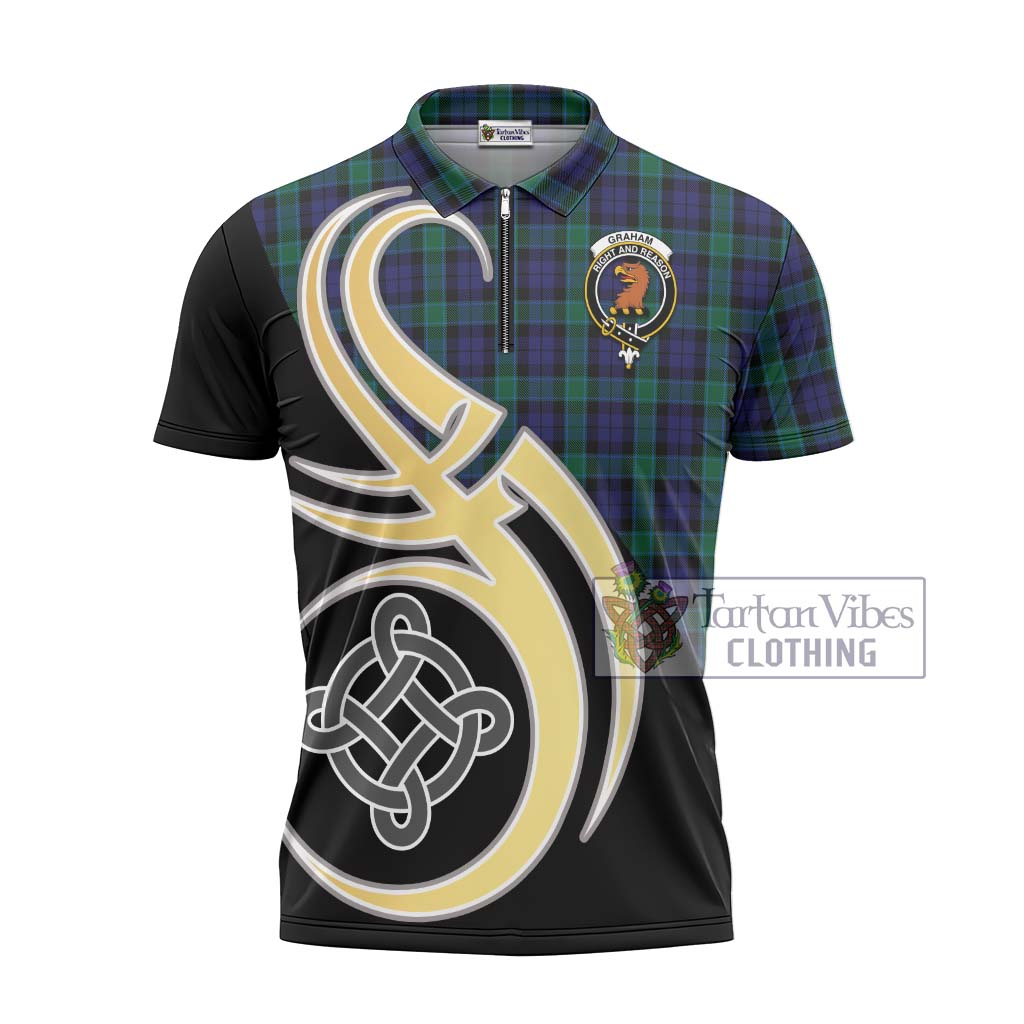 Tartan Vibes Clothing Graham of Menteith Tartan Zipper Polo Shirt with Family Crest and Celtic Symbol Style