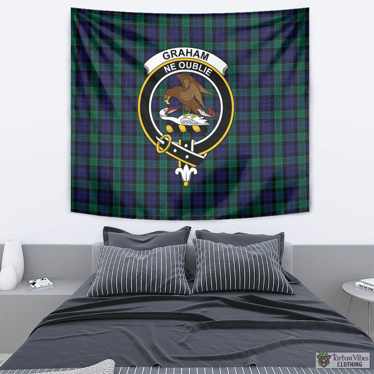 Tartan Vibes Clothing Graham of Menteith Tartan Tapestry Wall Hanging and Home Decor for Room with Family Crest