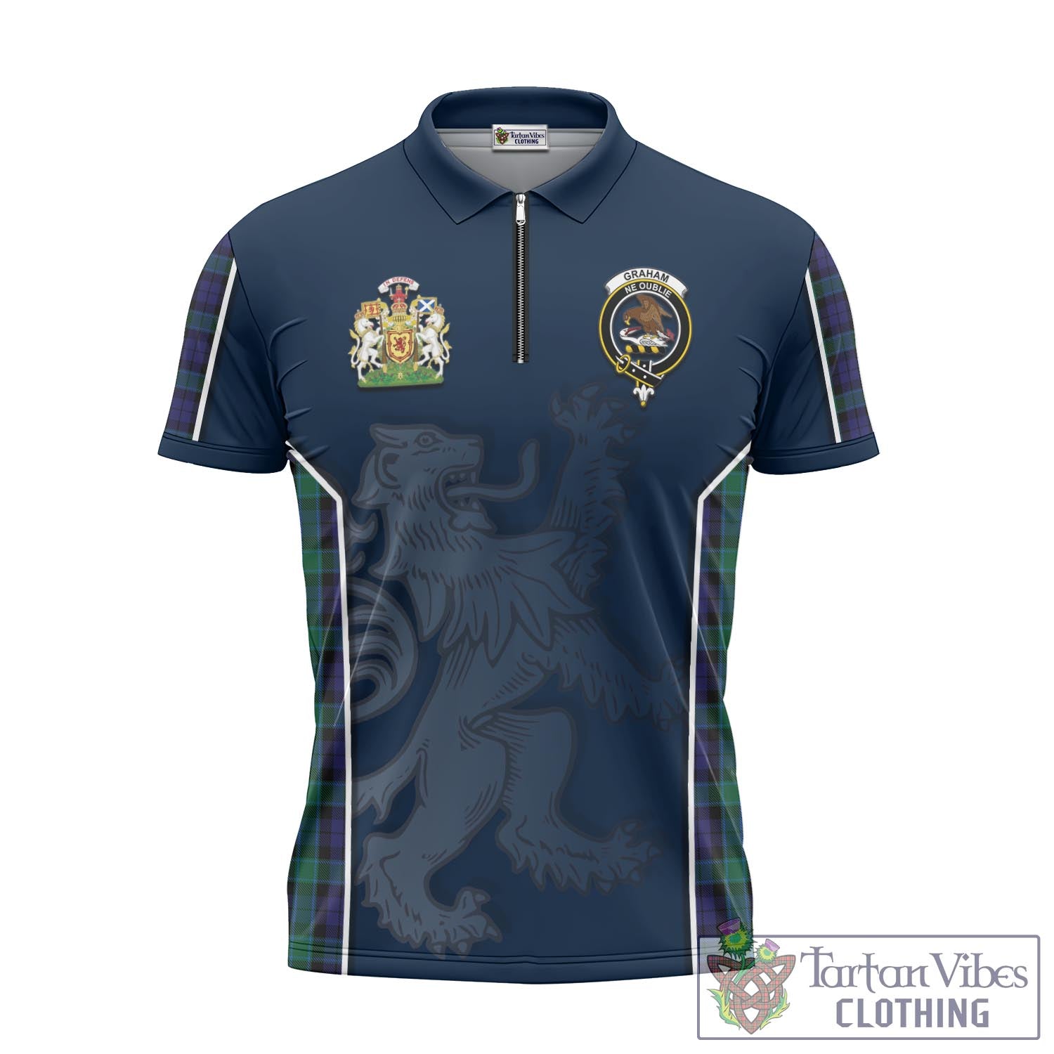 Tartan Vibes Clothing Graham of Menteith Tartan Zipper Polo Shirt with Family Crest and Lion Rampant Vibes Sport Style