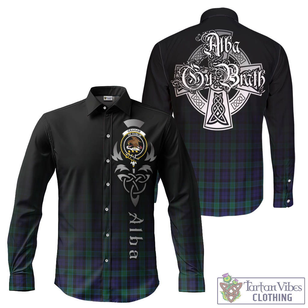 Tartan Vibes Clothing Graham of Menteith Tartan Long Sleeve Button Up Featuring Alba Gu Brath Family Crest Celtic Inspired