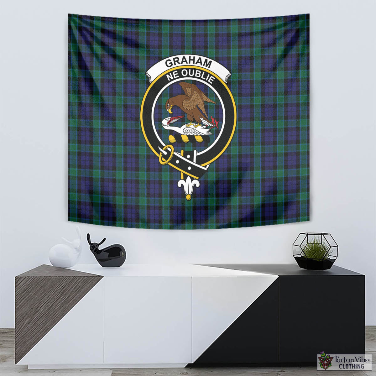 Tartan Vibes Clothing Graham of Menteith Tartan Tapestry Wall Hanging and Home Decor for Room with Family Crest