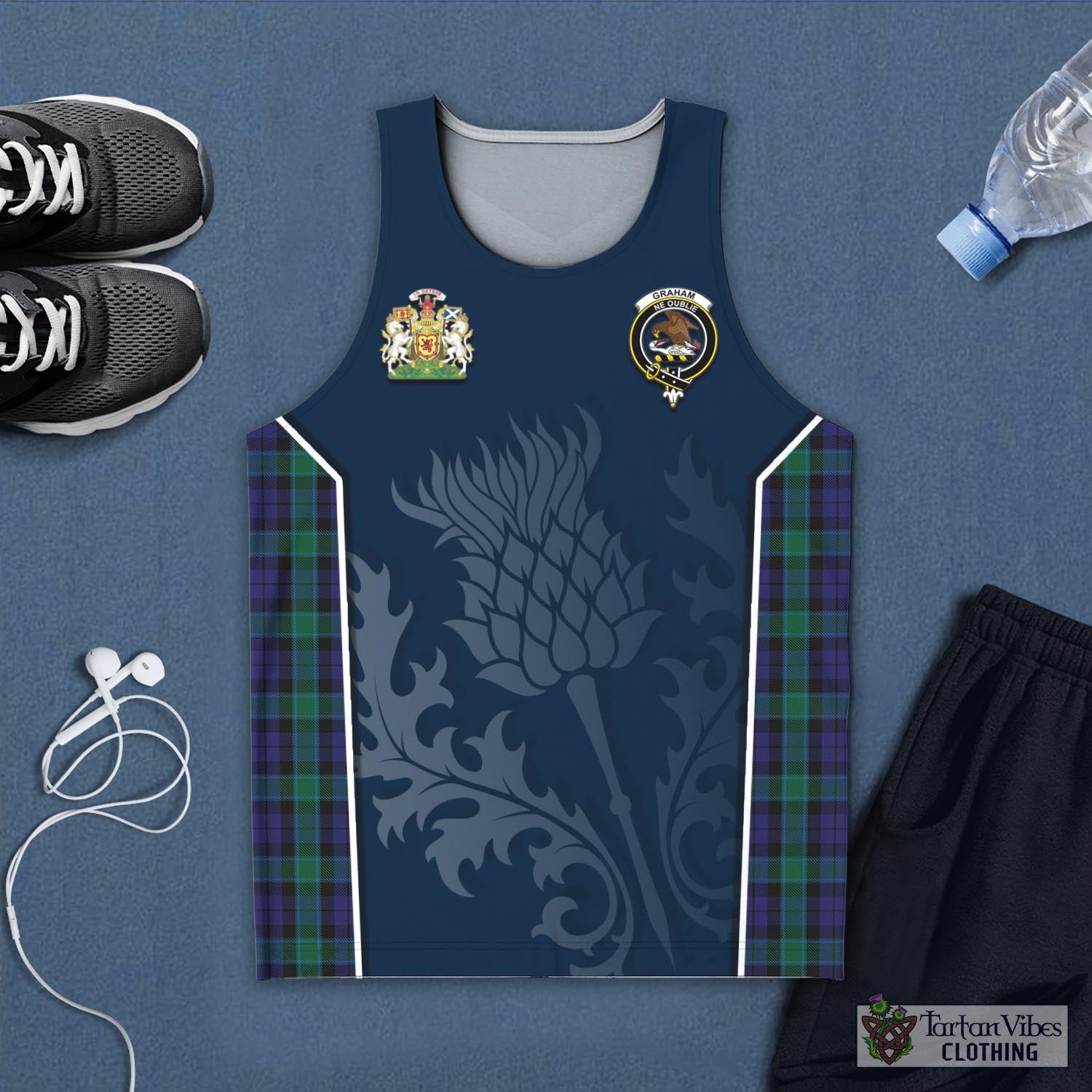 Tartan Vibes Clothing Graham of Menteith Tartan Men's Tanks Top with Family Crest and Scottish Thistle Vibes Sport Style