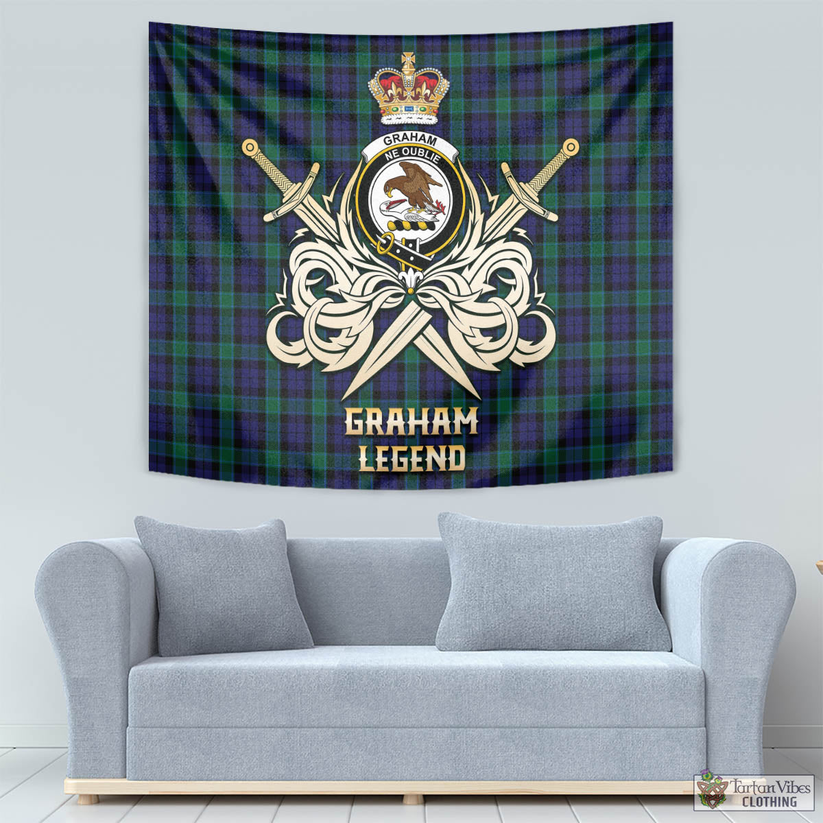 Tartan Vibes Clothing Graham of Menteith Tartan Tapestry with Clan Crest and the Golden Sword of Courageous Legacy